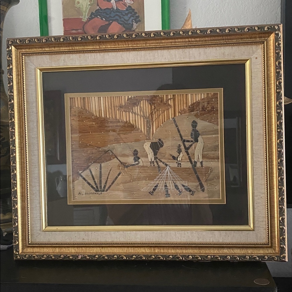 Vintage Framed Banana Leaf Art – African Village Scene – Handmade in Zambia‎ - Picture 2 of 7